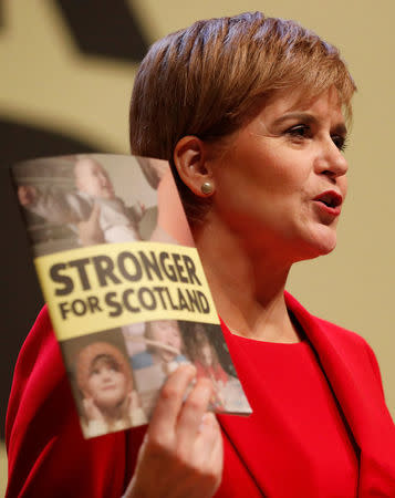 Nicola Sturgeon, Scotland's first Minister and leader of the Scottish National Party, delivers her party's election manifesto in Perth, Scotland, Britain May 30, 2017. REUTERS/Russell Cheyne