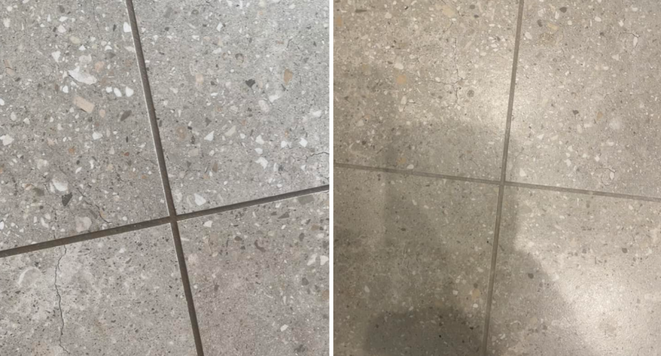 Dirty bathroom grout (left). The results after cleaning (right).