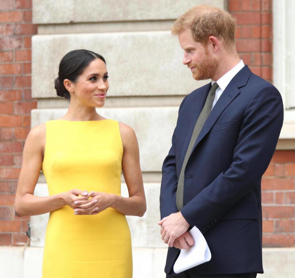 The Duke and Duchess of Sussex at the Your Commonwealth Youth Challenge reception at Marlborough House, July 5 2018 (Getty Images)