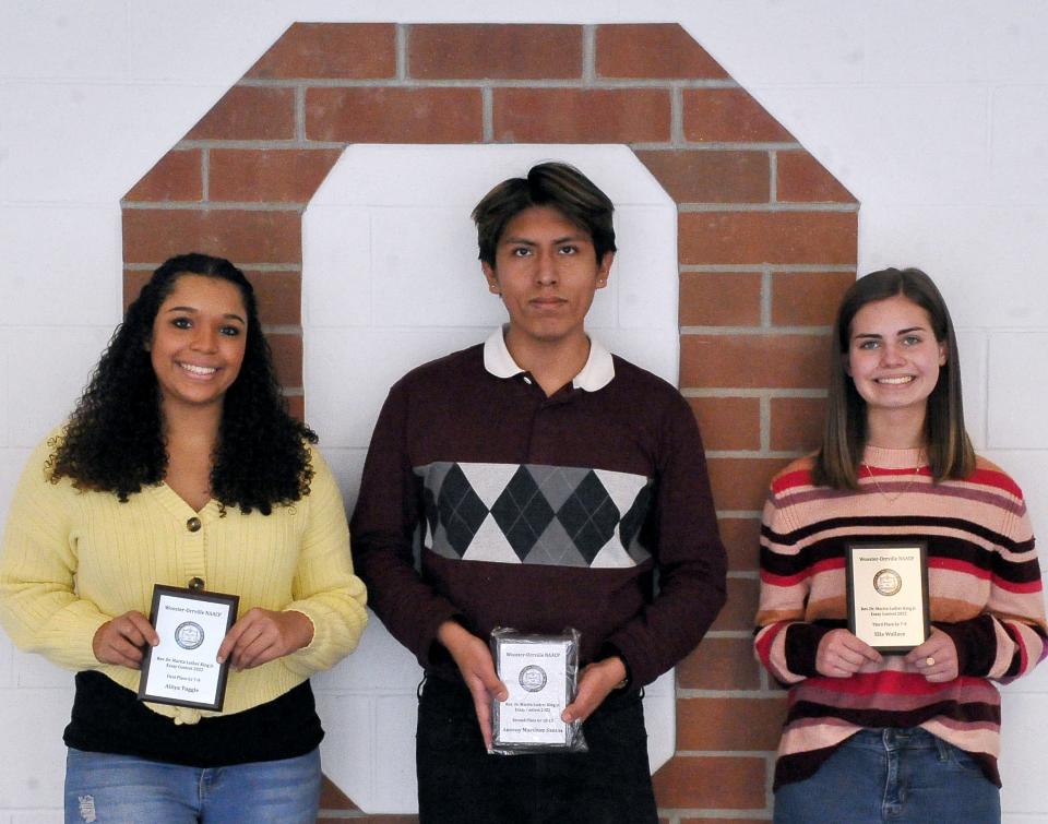 Aiiiya Tuggle, Anzony Martinez-Santos and Ella Wallace of Orrville High School were winners in the Wooster-Orrville NAACP Martin Luther King Jr. Essay Contest.