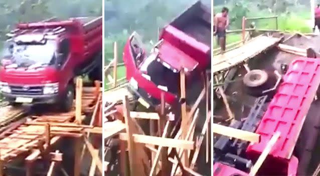 The driver somehow managed to get out before the bridge collapsed. Source: Liveleak