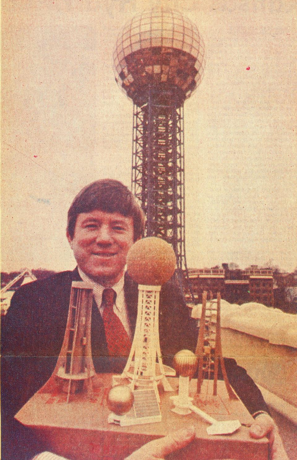 "Bill Denton displays the Sunsphere before and after models with the real McCoy in the background," reads the caption of this 1982 Knoxville News Sentinel photograph. At the time, Denton was president of Community Tectonics Architects, the company that designed the signature structure for the World's Fair in Knoxville.