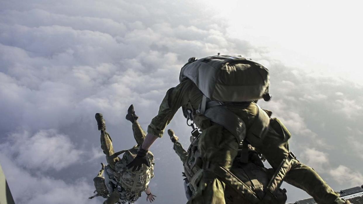 U.S. Army Green Berets and Australian commandos conduct free-fall training as a part of the Balikatan military exercise on April 10, 2023. (Spc. Lee Gaozong/U.S. Army)