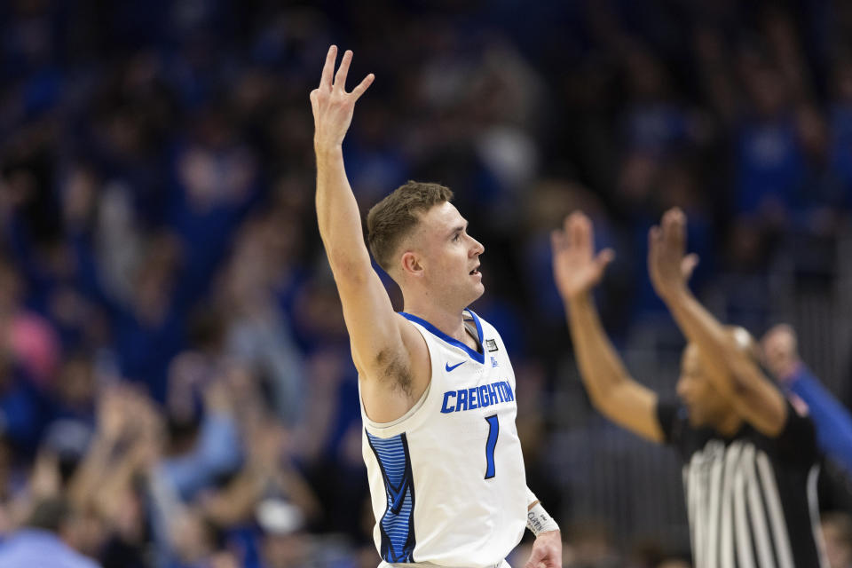 Creighton's Steven Ashworth (1) celebrates after scoring a three point shot against Seton Hall during the first half of an NCAA college basketball game Wednesday, Feb. 28, 2024, in Omaha, Neb. (AP Photo/Rebecca S. Gratz)
