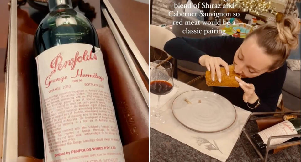 Australian 1980 Penfolds Grange wine (left) woman eating philly cheesesteak with glass of red wine (right)