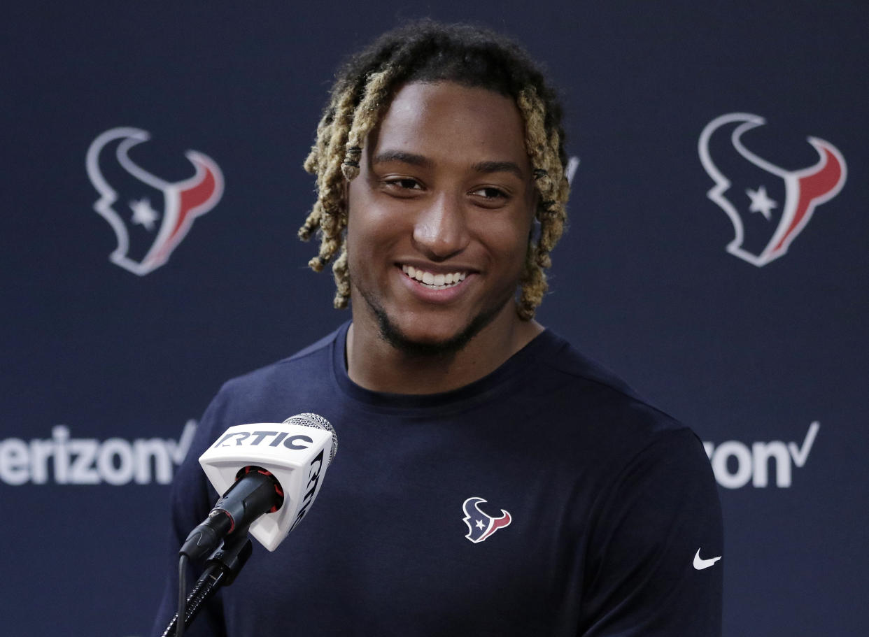 Houston Texans safety Justin Reid listens as he speaks during a news conference after an NFL football Organized Team Activity workout Tuesday, May 21, 2019, at the team practice facilities in Houston. (AP Photo/Michael Wyke)
