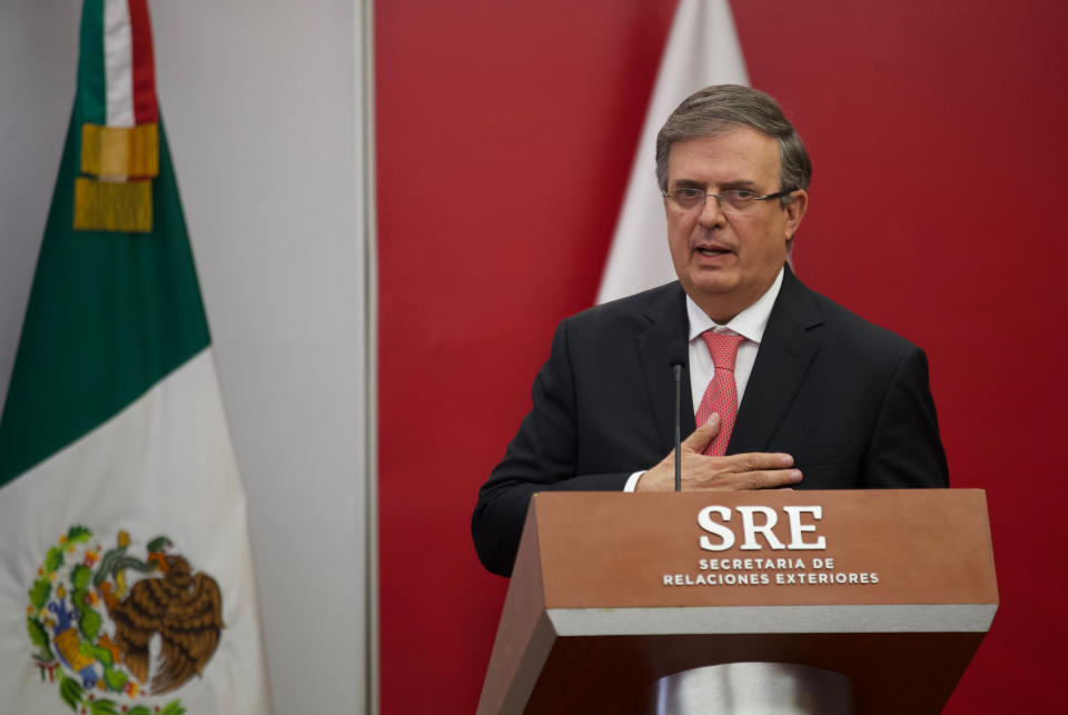 MEXICO CITY, MEXICO - JULY 26: Mexicos Foreign Affairs Minister Marcelo Ebrard speaks, during the signing of  bilateral agreement between both nations Mexico-Qatar. on July 26, 2022 in Mexico City, Mexico. (Photo credit should read Julian Lopez / Eyepix Group/Future Publishing via Getty Images)