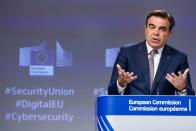 European Commission vice-president in charge for promoting our European way of life Margaritis Schinas gestures during a news conference on security and cybersecurity strategy at the European Commission headquarters in Brussels