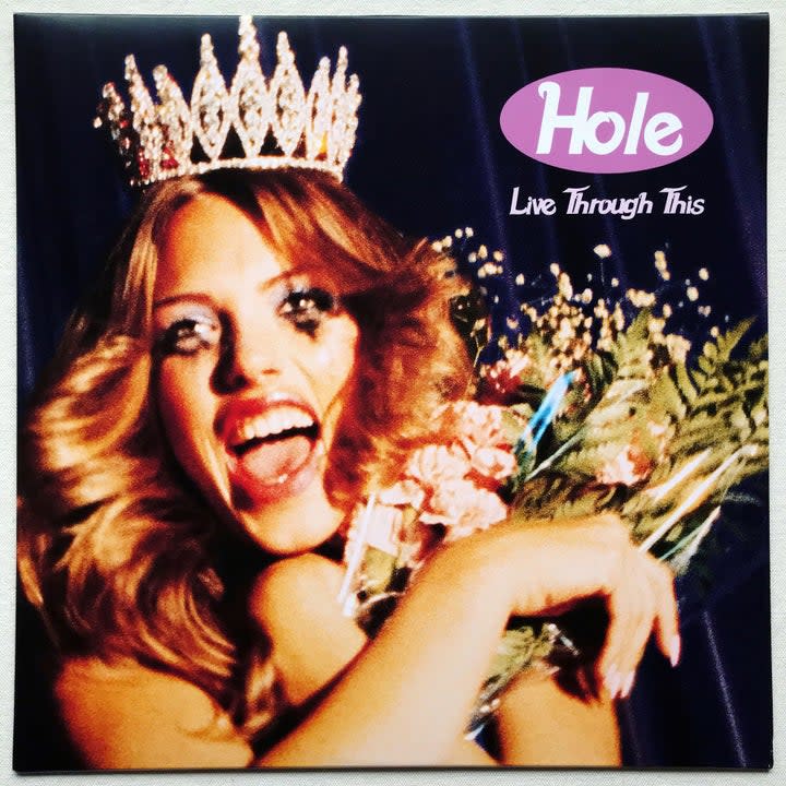 courtney's album covering with a woman in a tiara holding a bouquet and mascara running down her face