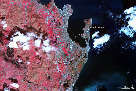 The huge swath of destruction left behind by Super Typhoon Haiyan is revealed by false-color images from the ASTER sensor aboard NASA's Terra satellite.