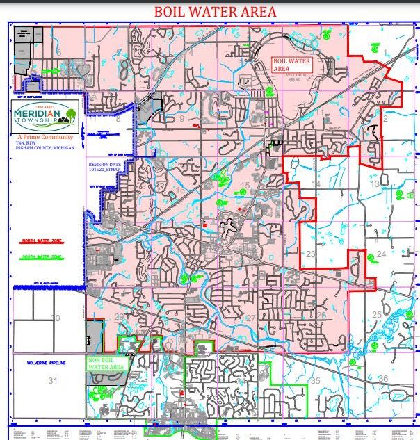 A map of Meridian Township's boil water advisory area. All residents in the red border of the map are advised to boil their water after a water main break Thursday, June 23, 2022. Those in the green border are not under advisory.