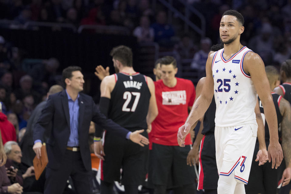 Jusuf Nurkic hit a sore spot for Ben Simmons on Saturday. (Getty Images)