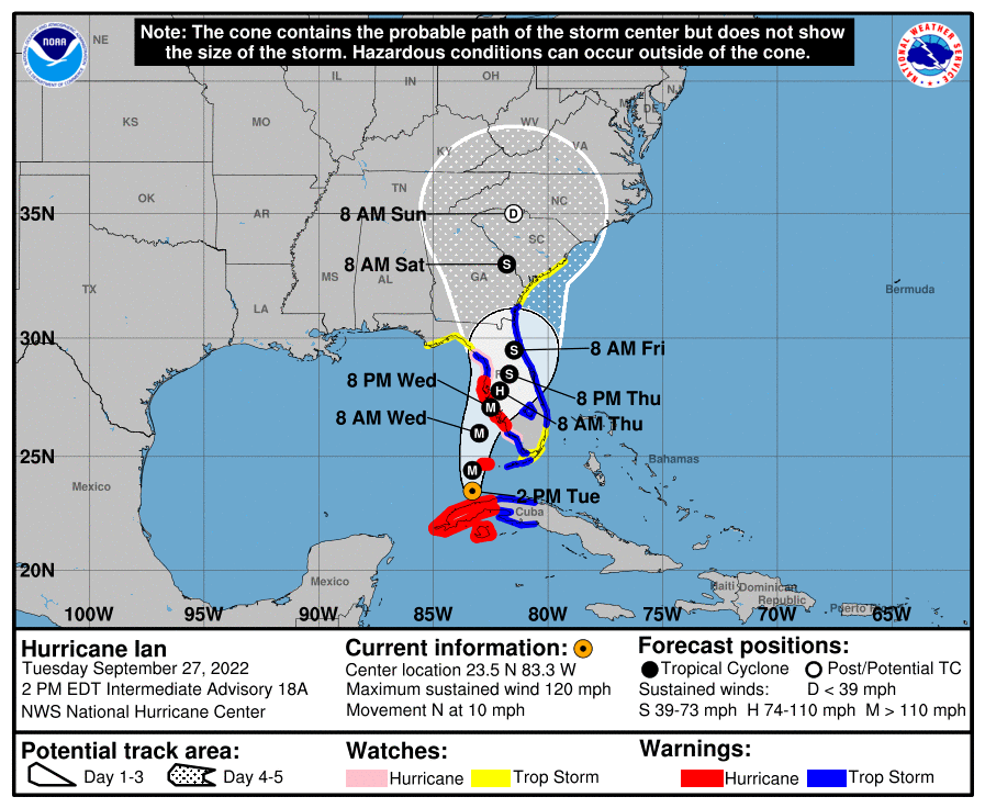 The National Hurricane Center's track forecast cone graphic at 2 p.m. Sept. 27, 2022, just about 25 hours before landfall at Cayo Costa, Florida.