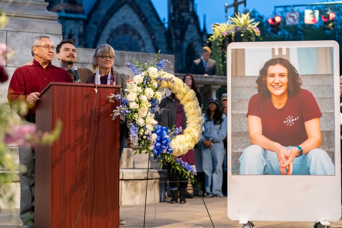 Frank LaPere speaks at a vigil honoring his daughter Pava LaPere, who was murdered in September 2023 (AP)