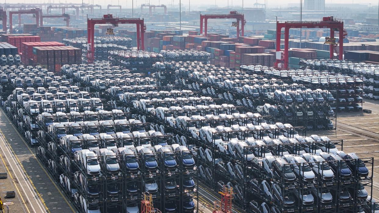  BYD electric cars waiting to be loaded onto a ship are seen stacked at the international container terminal of Taicang Port in Suzhou, China. 