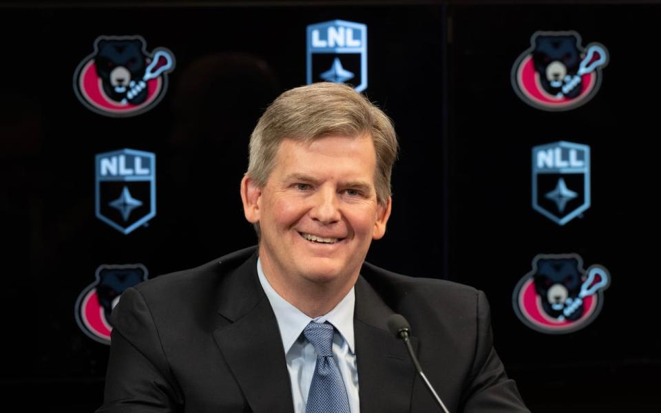 GF Sports and Entertainment's Erik Baker smiles during an announcement on Feb. 21, 2024 the National Lacrosse League's New York Riptide will be moving north and becoming the Ottawa Black Bears. (Adrian Wyld/The Canadian Press - image credit)