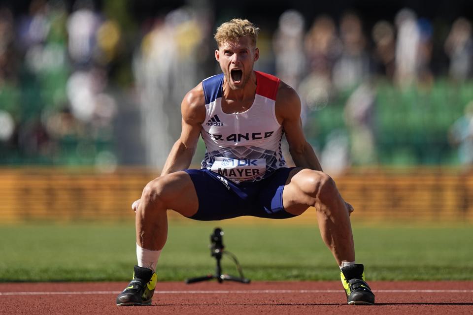 Kevin Mayer, of France, competes in the decathlon javelin throw at the World Athletics Championships on Sunday, July 24, 2022, in Eugene, Ore. (AP Photo/David J. Phillip)