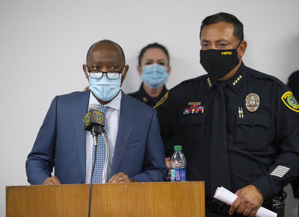Mayor Sylvester Turner talks to reporters about the officer-involved fatal shooting of Nicolas Chavez, during a press conference at the Edward A. Thomas building on Thursday, Sept. 10, 2020, in Houston. (Godofredo A. Vásquez/Houston Chronicle via AP)