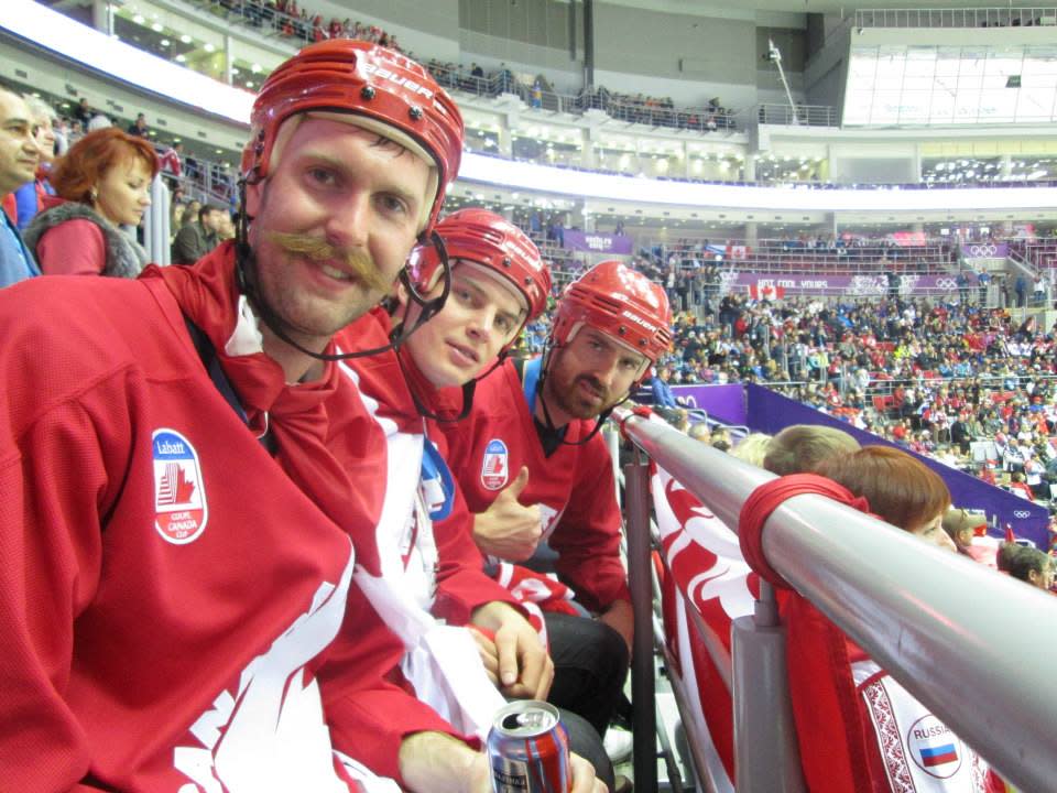 Pictured left to right Scott Simms, Rob Kneteman and Morgan Simms wearing their typical Sochi costumes. (Scott Simms)