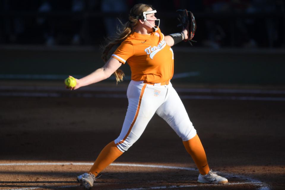 Tennessee pitcher Ashley Rogers (14) throws a pitch during a Lady Vols softball game between Tennessee and Ole Miss at Sherri Parker Lee Stadium, Friday, March 10, 2023.