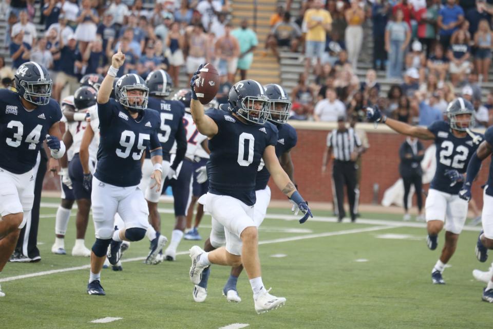 Georgia Southern's Jeffrey Smyth (0) celebrates after he recovered a fumbled punt return to set up the Eagles at the Morgan State 9 in the second quarter. The Eagles kicked a field goal on the ensuing drive for a 10-7 lead over the Morgan State Bears.