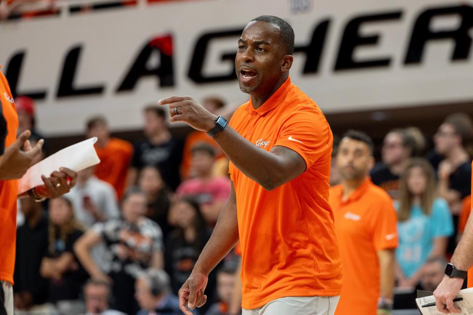 Oklahoma State head coach Mike Boynton reacts during a timeout during the second half of an NCAA menÕs college basketball game Monday, Nov. 6, 2023., in Stillwater, Okla. (Mitch Alcala for the Oklahoman)