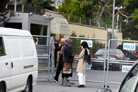 Fiancee (L) of Saudi journalist Jamal Khashoggi and her friend wait outside Saudi Arabia's consulate in Istanbul, Turkey, October 3, 2018. REUTERS/Osman Orsal