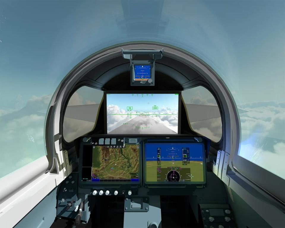 a rendering inside the cockpit of an aircraft with three screens showing the view outside