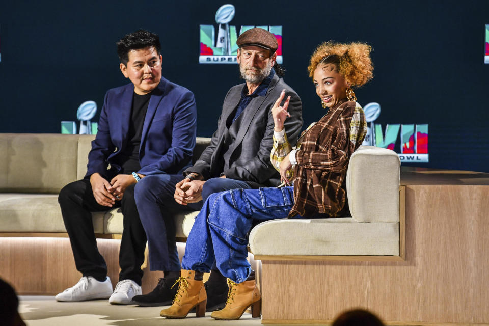 Deaf performers Colin Denny, Troy Kotsur and Justina Miles are interviewed during the Super Bowl LVII Apple Music Halftime Show press conference held at the Phoenix Convention Center on Feb. 9, 2023.  / Credit: Anthony Behar/Sipa USA via AP Images