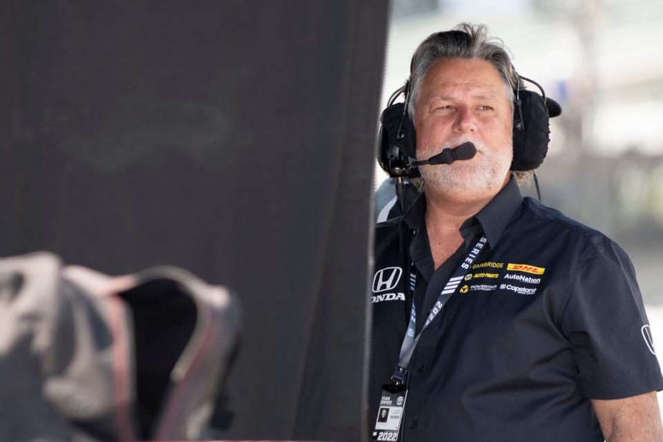 Michael Andretti looks out from the pit box Saturday, May 14, 2022, during practice for the GMR Grand Prix at Indianapolis Motor Speedway. 