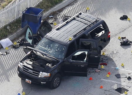 The remains of a SUV involved in the Wednesdays attack is shown in San Bernardino, California December 3, 2015. REUTERS/Mario Anzuoni