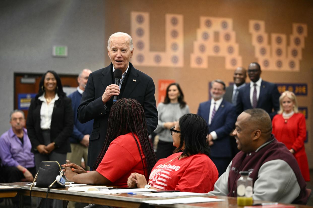 President Joe Biden speaks to members of the United Auto Workers (UAW) at the UAW National Training Center, in Warren, Michigan, on February 1, 2024.