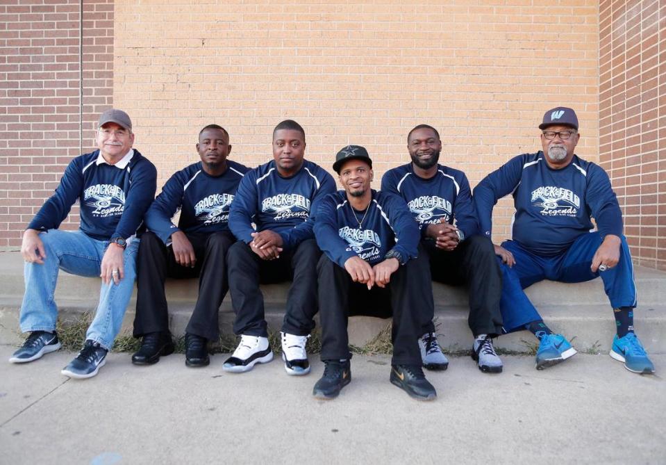 O.D. Wyatt retired asst. track coach Richard English and retired head track coach Lee Williams are photographed with the 1998 4x100 national record holders DeMario Wesley, Monte Clopton, Milton Wesley and Michael Franklin, at O.D. Wyatt High School, Fort Worth, Texas, Monday, Jan. 07, 2019.