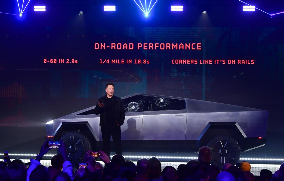 Tesla co-founder and CEO Elon Musk stands in front of the newly unveiled all-electric battery-powered Tesla's Cybertruck at Tesla Design Center in Hawthorne, California on November 21, 2019. (Photo by FREDERIC J. BROWN / AFP) (Photo by FREDERIC J. BROWN/AFP via Getty Images)