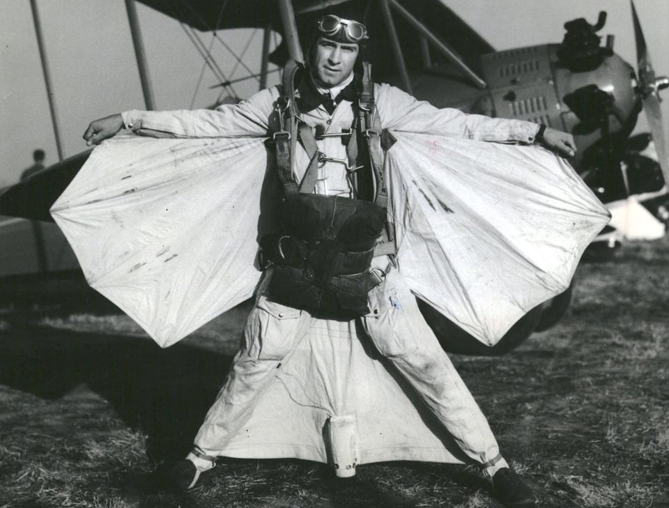 Clem Sohn with his batwing parachute. His wings were nine feet from tip to tip and they worked like an umbrella.