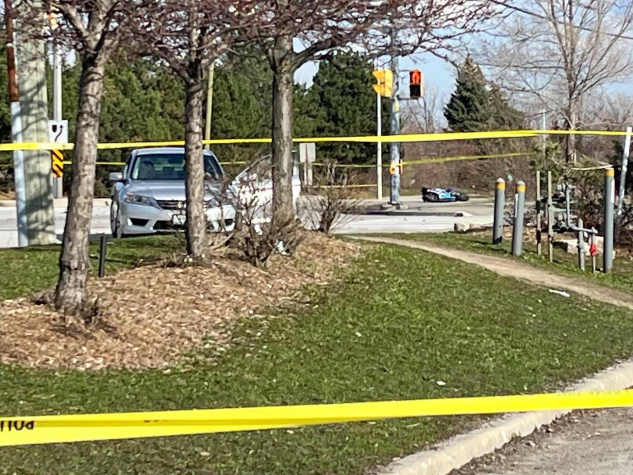 Peel police responded to the collision near Hurontario Street and Wanless Drive around 2:48 p.m. Sunday, the force said in a post on social media.  (Alexis Raymon/CBC - image credit)