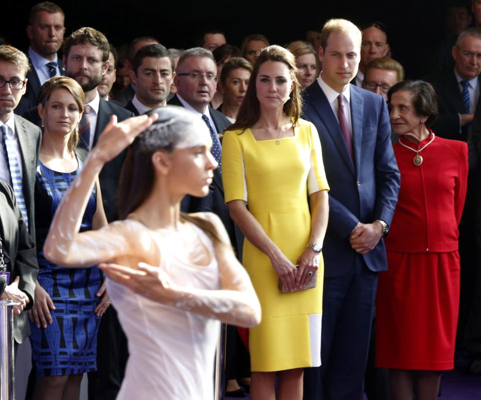 Britain's Prince William and Catherine, Duchess of Cambridge, watch an Aboriginal welcome performance during a reception at the Sydney Opera House