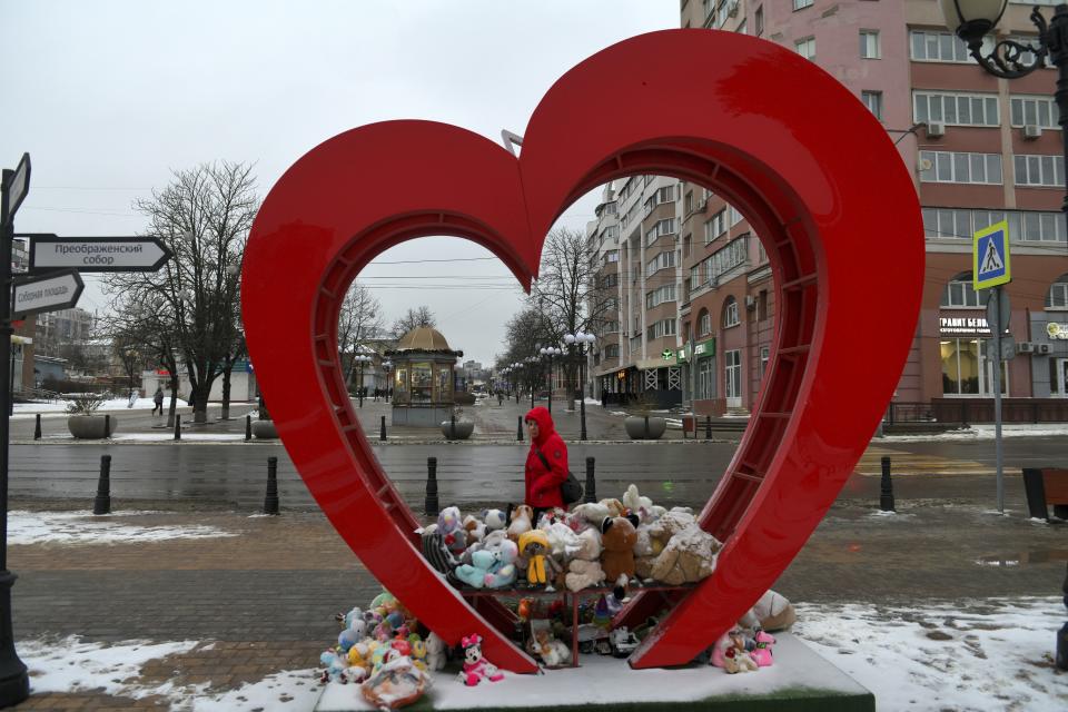 A makeshift memorial that commemorates those killed by shelling in Belgorod, Russia, is seen on Thursday, Jan. 25, 2024. An attack in the city near the border with Ukraine on Dec. 30 killed 25 people and injured 109. Such attacks inside Russia have dealt a heavy blow to President Vladimir Putin's attempts to reassure his countrymen that their lives have been largely unchanged by the nearly two-year military operation. (AP Photo)