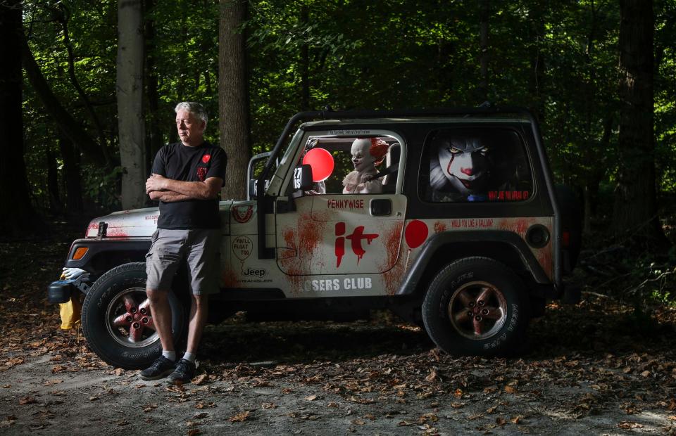 Andrew Johnson's It-themed Jeep Wrangler is bound to turn a few heads in traffic. The West Point resident decked out a 2005 right-side steering Jeep Wrangler -- the ones used for mail and postal deliveries -- with the murderous clown Pennywise 'driving' on the left and fake blood sprayed all over. 