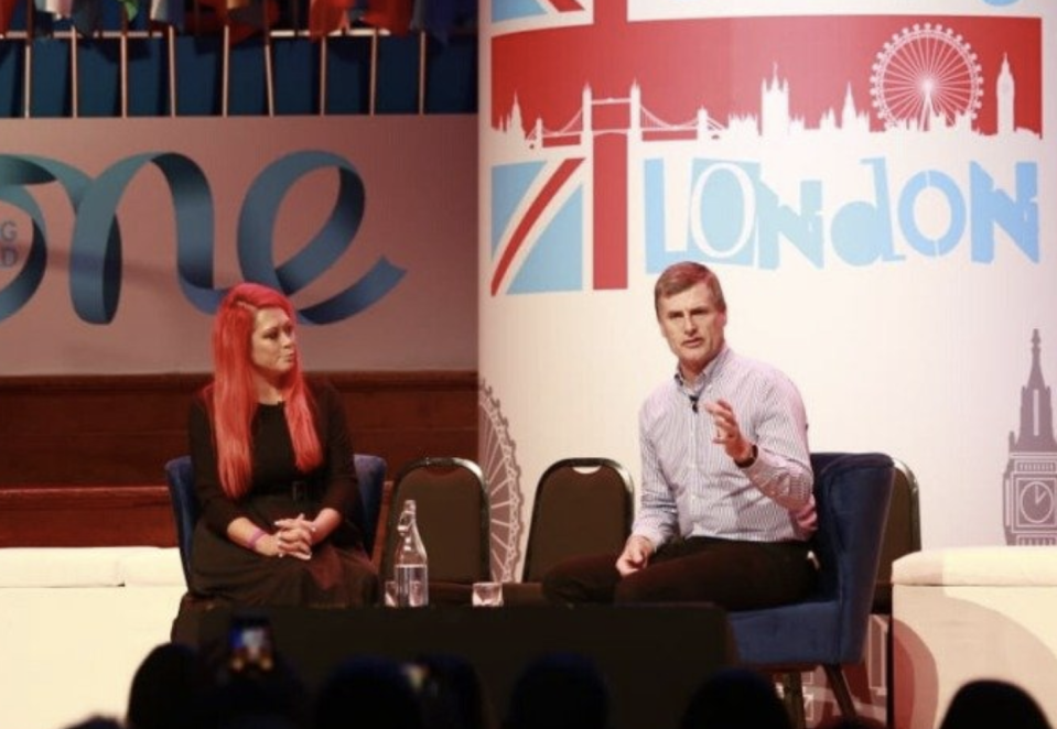 Lianna Brinded (L), head of Yahoo Finance UK and Ronan Dunne, CEO of consumer business at Verizon on stage at the One Young World conference in London. Photo: One Young World