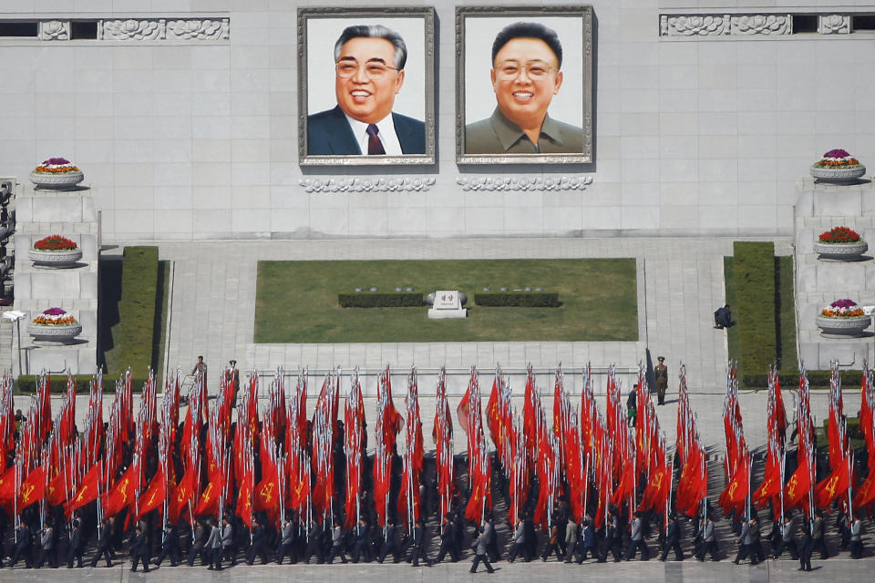 People practice for the expected parade on the main Kim Il Sung square in central Pyongyang, North Korea April 12, 2017. REUTERS/Damir Sagolj