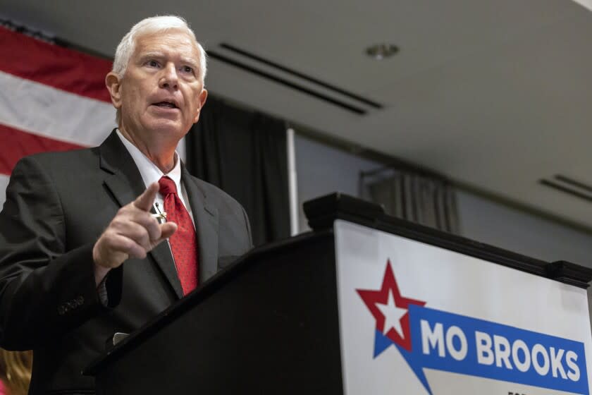 FILE - Mo Brooks speaks to supporters at his watch party for the Republican nomination for U.S. Senator of Alabama at the Huntsville Botanical Gardens, May 24, 2022, in Huntsville, Ala. Brooks is running to be the GOP nominee for the seat being vacated by 88-year-old Republican Sen. Richard Shelby. (AP Photo/Vasha Hunt, File)