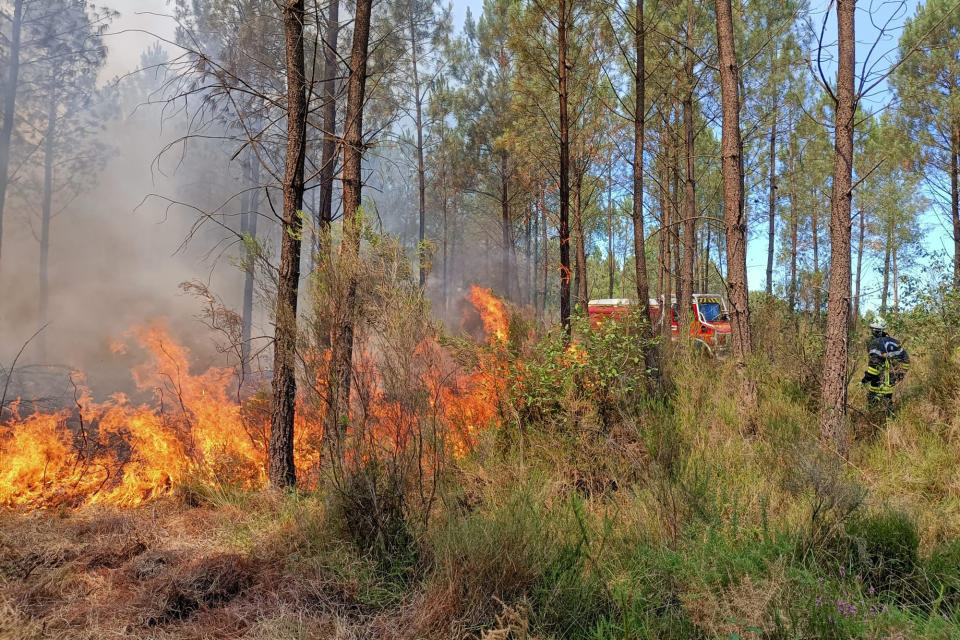 This photo provided by the fire brigade of the Gironde region (SDIS33) shows fireman working at a wildfire near Landiras, southwestern France, Wednesday, July 13, 2022. More than 800 firefighters battled two wildfires in southwest France, according to the regional emergency service. The fires began Tuesday near the towns of Landiras and La Teste-de-Buch, and firefighters had not been able to contain them by Wednesday morning. Some 6,500 people have been evacuated from campgrounds and villages in the forested area. (SDIS33 via AP)