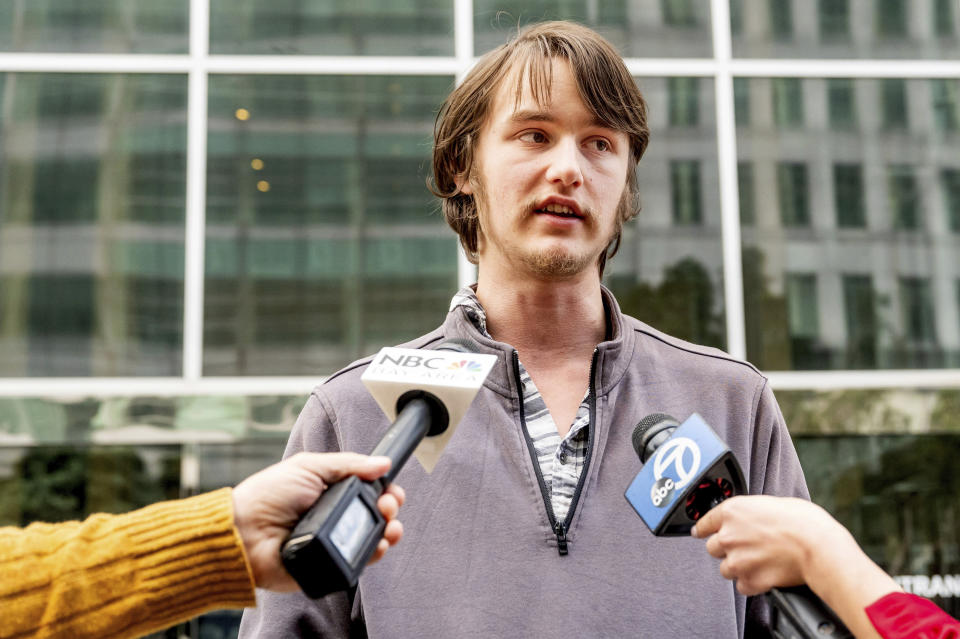 Nebosvod 'Sky' Gonzalez, David DePape's son, speaks with reporters outside the Phillip Burton Federal Building and U.S. Courthouse where DePape's federal trial is underway in San Francisco on Thursday, Nov. 9, 2023. DePape is accused of breaking into former U.S. House Speaker Nancy Pelosi's home and bludgeoning her husband with a hammer. He has pleaded not guilty to federal charges. (AP Photo/Noah Berger)