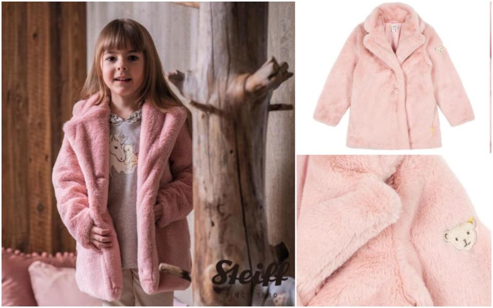 STEIFF的熊頭刺繡粉色絨毛外套，正是為了你家小公主而設計！（圖片來源：STEIFF）