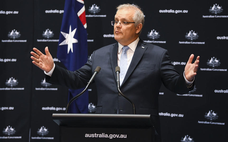 Australian Prime Minister Scott Morrison speaks to the media during a press conference at Parliament House in Canberra, Friday, June 12, 2020. (AAP Image/Lukas Coch) NO ARCHIVING