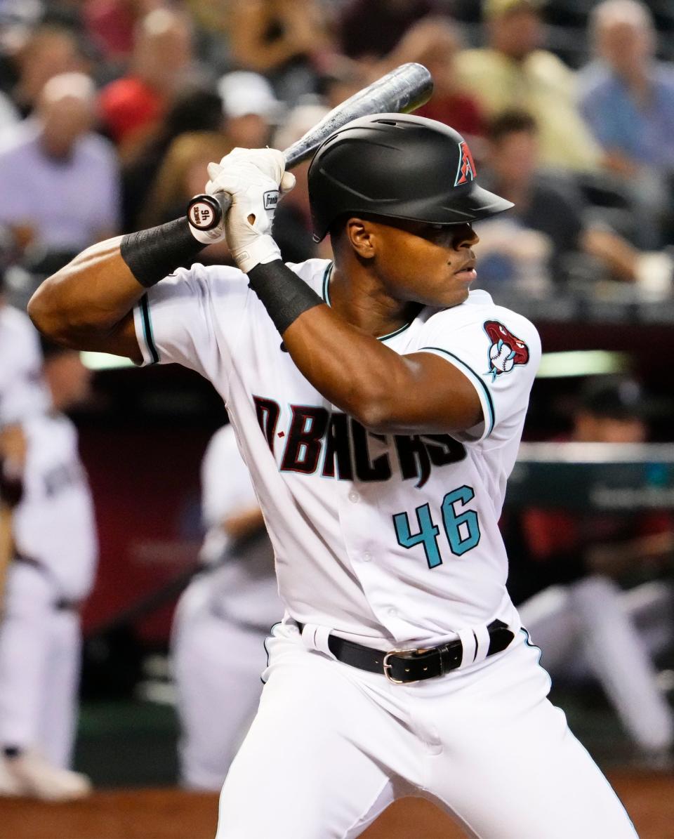 Sep 15, 2022; Phoenix, Arizona, USA; Arizona Diamondbacks Stone Garrett (46) bats against the San Diego Padres in the third inning at Chase Field.