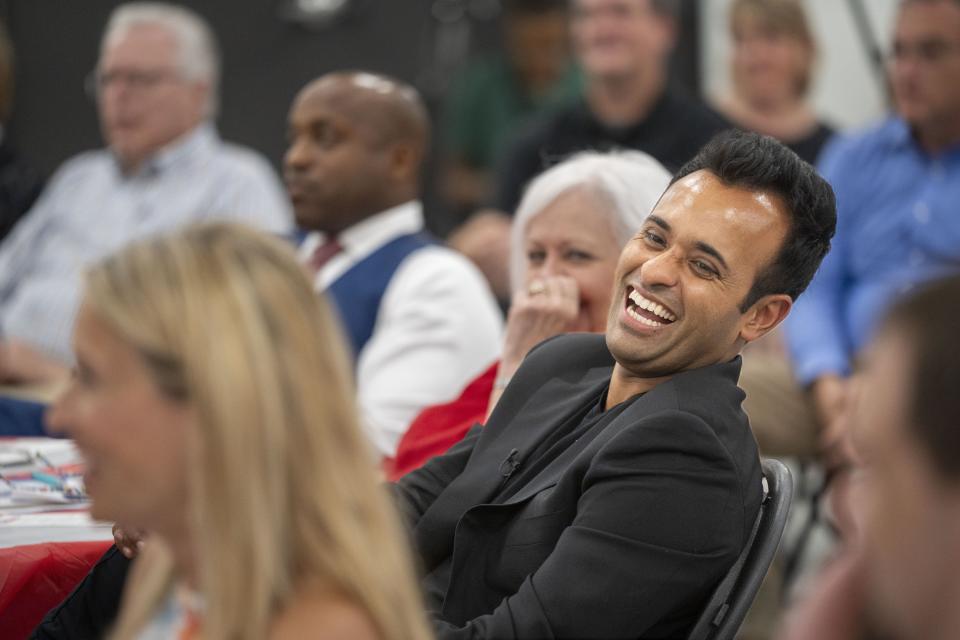 Republican presidential hopeful Vivek Ramaswamy laughs at a joke during the Polk County Summer Sizzle fundraising event in Clive, Iowa, Friday, Aug. 25, 2023. | Zach Boyden-Holmes, The Des Moines Register via AP