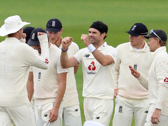 James Anderson celebrates after tacking the wicket of Shai Hope (AP)