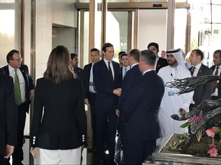 White House senior adviser Jared Kushner and Treasury Secretary Steven Mnuchin arrive at Manama's Four Seasons hotel, the venue for the U.S.-hosted "Peace to Prosperity" conference, in Manama